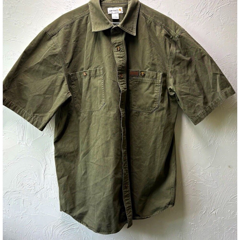 Carhartt Men's L Green Solid Cotton Woven Pocket Short Sleeve Point Collar